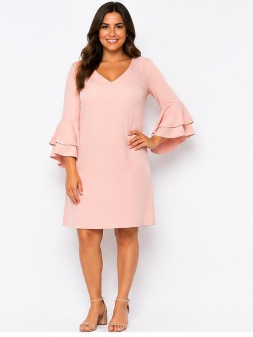 Roz & Ali Women’s Size 16 Pink Blush Shift Dress V Neck Ruffle Bell Sleeve